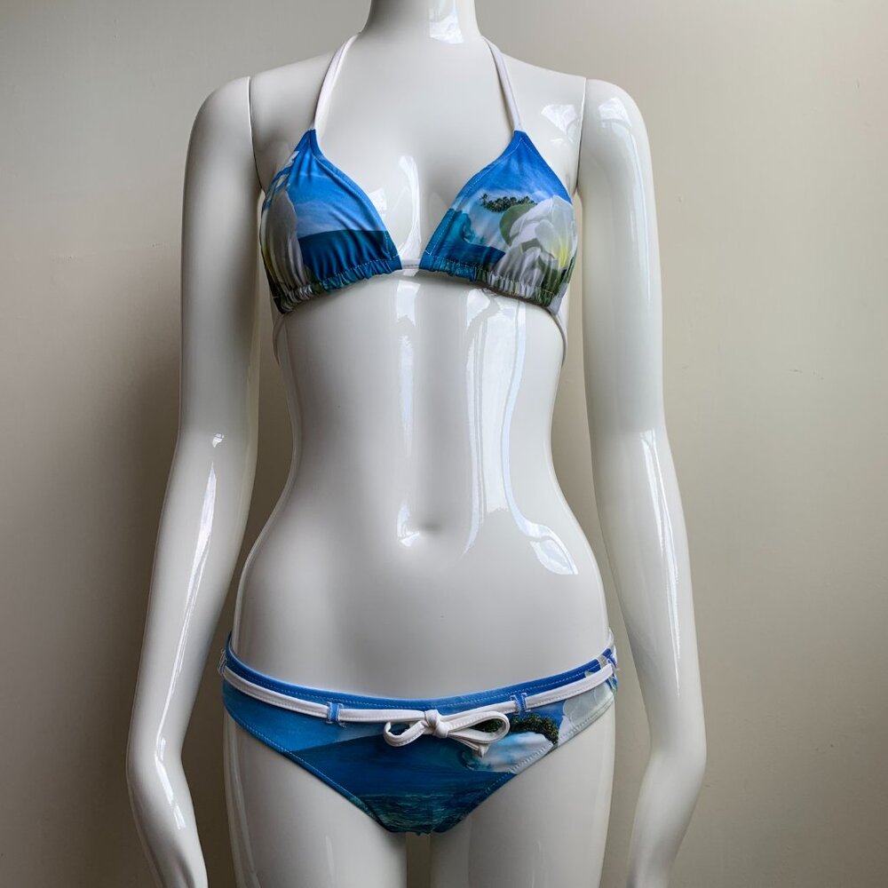 Aaron Chang blue white reversible plumeria belted bikini